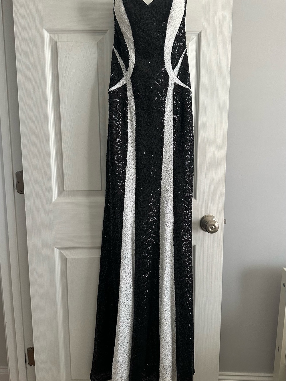 La Femme Black and White Sequin Column Gown